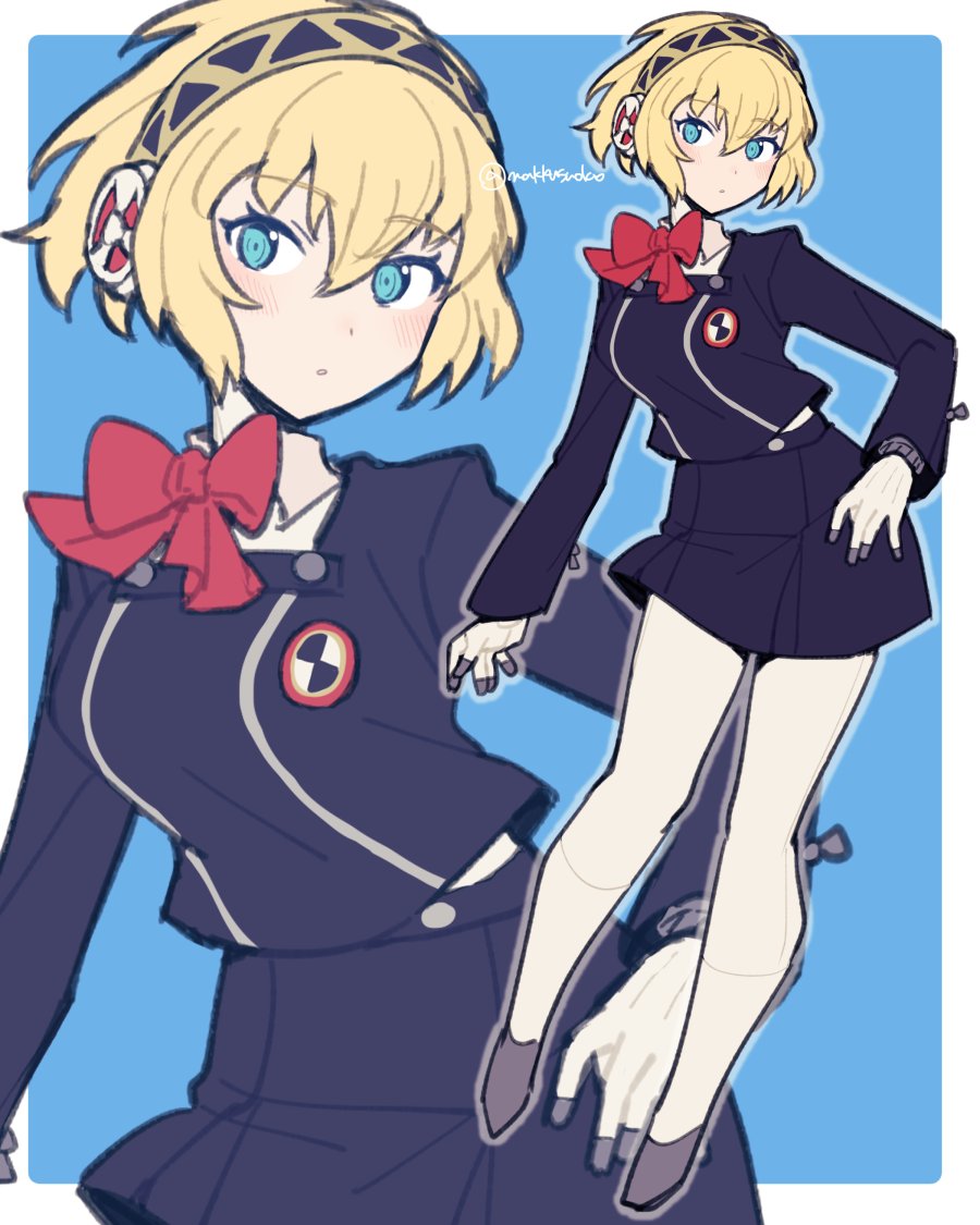 1girl aegis_(persona) artist_name blonde_hair blue_eyes do_m_kaeru gekkoukan_high_school_uniform hairband neck_ribbon persona persona_3 persona_3_reload red_ribbon ribbon robot_girl school_uniform solo