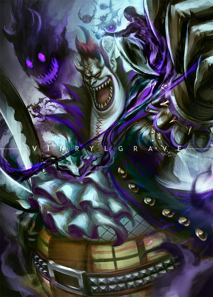 1boy artist_name ascot bat_(animal) belt belt_buckle bracelet buckle colored_skin devil_fruit_power evil_smile fat gecko_moria holding holding_scissors holding_weapon horns jewelry one_piece pointy_ears red_eyes red_hair scissors shadow sharp_teeth short_hair smile solo spiked_bracelet spikes stitches teeth vinrylgrave weapon white_ascot