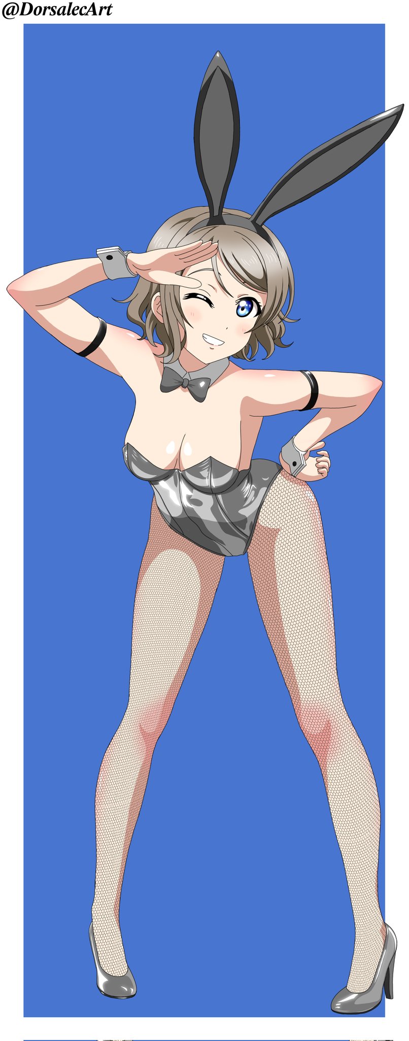 animal_ears bent_over blue_eyes breasts brown_hair cleavage dorsalecart fishnet_pantyhose fishnets high_heels highres love_live! love_live!_sunshine!! pantyhose playboy_bunny rabbit_ears salute short_hair thighs watanabe_you wrist_cuffs