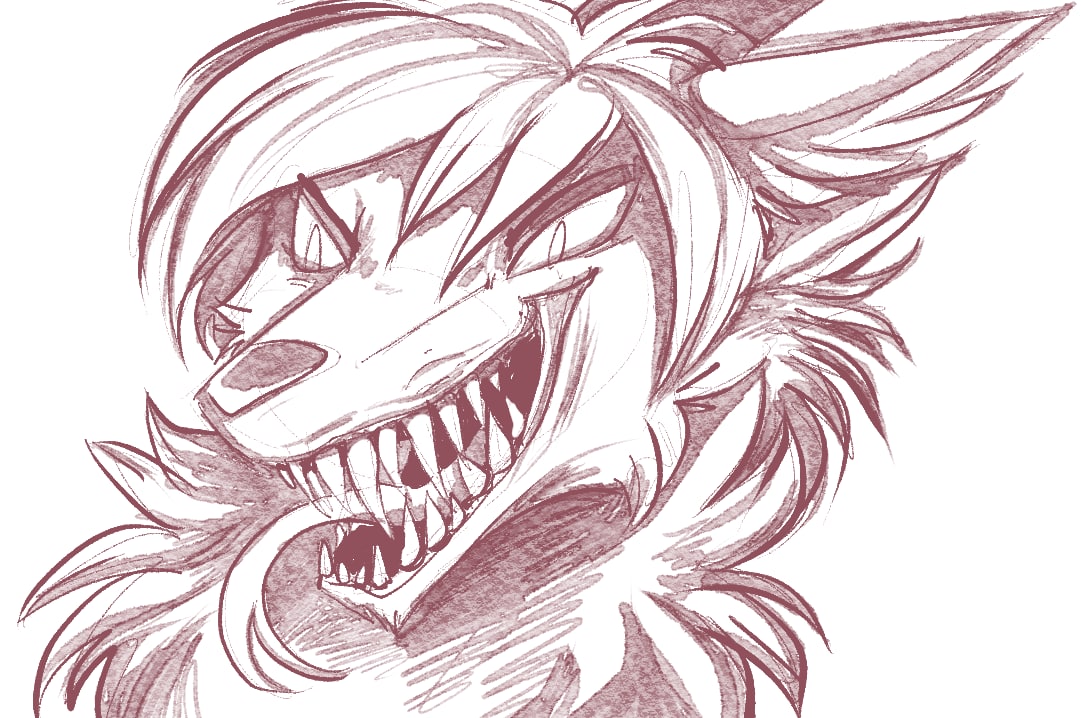 ambiguous_gender angry anthro canid canine canis digital_media_(artwork) fangs female fur hair looking_at_viewer mammal monochrome open_mouth shaded simple_background simple_eyes sketch smile solo teeth tongue tongue_out white_background zrcalo