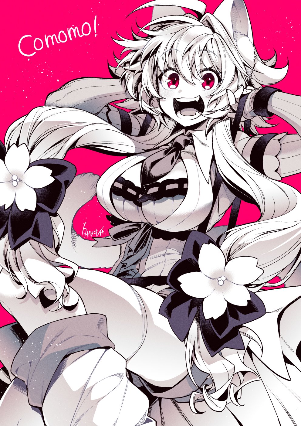 1girl :d ahoge animal_ear_fluff animal_ears breasts cat_ears cat_girl cat_tail cleavage commentary_request fangs flower greyscale greyscale_with_colored_background hair_flower hair_ornament highres large_breasts long_hair long_sleeves looking_at_viewer monochrome original red_background red_eyes simple_background smile solo tail takatsuki_ichi thighhighs
