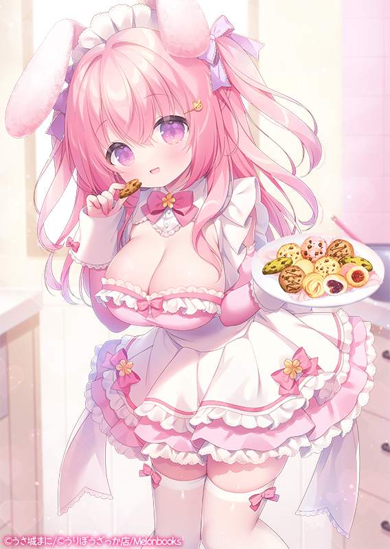 1girl animal_ears bow bow_legwear breasts cookie cowboy_shot dress eating food holding holding_cookie holding_food large_breasts oppai_loli original pink_bow pink_eyes pink_hair rabbit_ears rabbit_girl thighhighs two_side_up usashiro_mani white_thighhighs