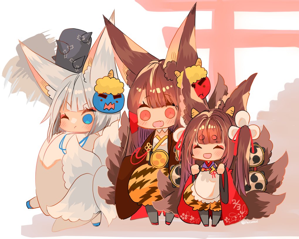 3girls akagi_(azur_lane) amagi-chan_(azur_lane) azur_lane blue_eyes brown_hair brown_tail chibi chibi_only kaga_(azur_lane) kitsune kyuubi long_sleeves mask mask_on_head multiple_girls multiple_tails one_eye_closed putimaxi red_eyes tail torii translation_request white_hair white_tail wide_sleeves