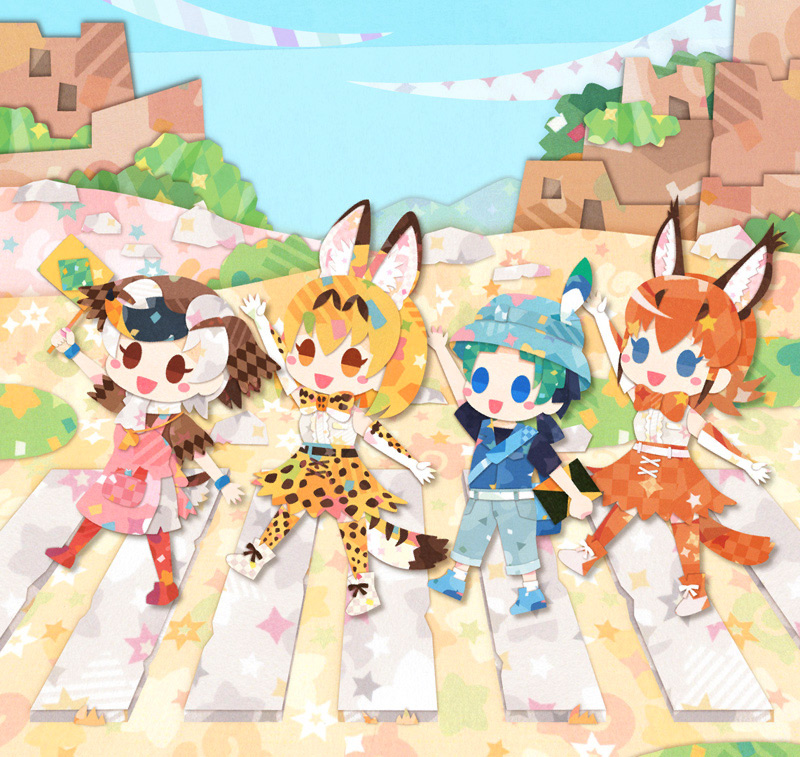 1boy 3girls animal_ears apron belt bird_girl bird_tail bird_wings blonde_hair blue_eyes bow bowtie brown_eyes brown_hair caracal_(kemono_friends) cat_ears cat_girl cat_tail elbow_gloves extra_ears feathered_wings gloves green_hair grey_hair hat hat_feather head_wings kemono_friends kikuchi_milo kyururu_(kemono_friends) multiple_girls orange_hair outdoors pants pantyhose serval_(kemono_friends) shirt shoes short_hair skirt sleeveless sleeveless_shirt spot-billed_duck_(kemono_friends) tail thighhighs vest wings yellow_eyes