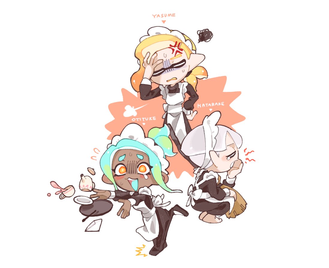 1girl 2boys anger_vein apron blonde_hair blue_hair broom closed_eyes cup dark-skinned_female dark_skin drink envelope gradient_hair green_hair hand_on_own_hip inkling_boy inkling_player_character maid_apron maid_headdress medium_hair multicolored_hair multiple_boys octoling_girl octoling_player_character orange_eyes plate pointy_ears romaji_text short_hair simple_background spl8ya splatoon_(series) squatting squiggle teacup teapot tentacle_hair thick_eyebrows tripping two-tone_hair white_background white_hair yawning