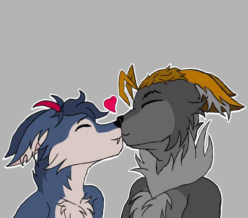 &lt;3 anthro black_nose blonde_hair blue_body blue_fur blue_hair boop brow_hair canid canine canis cute_fangs domestic_cat duo fangs felid feline felis fluffy fluffy_chest fluffy_ears fox fur grey_background grey_body grey_fur hair horn hybrid jaycemutt kissing love male male/male mammal mouth_closed neck_tuft nemejchyk nemejchyk_(artist) nose_boop orange_hair red_horn simple_background slim teeth tuft white_body white_fur wolf