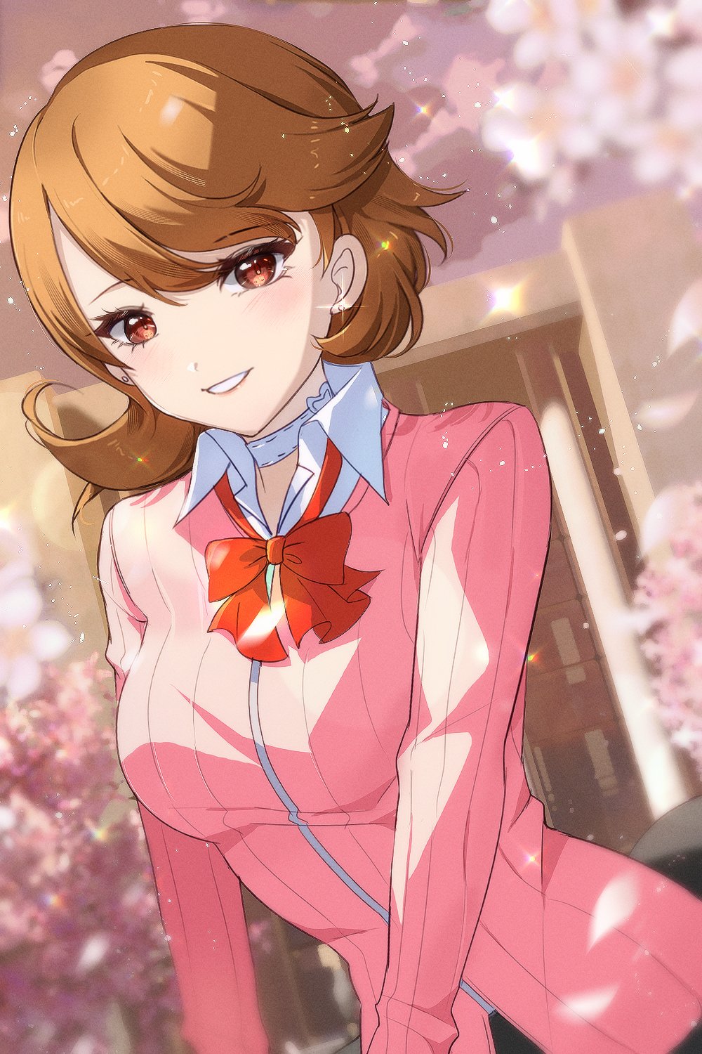 1girl blurry blurry_background blush bow bowtie breasts brown_eyes brown_hair cardigan cherry_blossoms choker collared_shirt commentary earrings eyelashes falling_petals glint heart heart_choker highres jewelry light_particles long_sleeves looking_at_viewer loose_bowtie medium_breasts outdoors parted_lips persona persona_3 persona_3_reload petals pink_cardigan red_bow red_bowtie ribbed_cardigan shirt short_hair smile solo stud_earrings swept_bangs takeba_yukari upper_body white_choker white_shirt zer00han