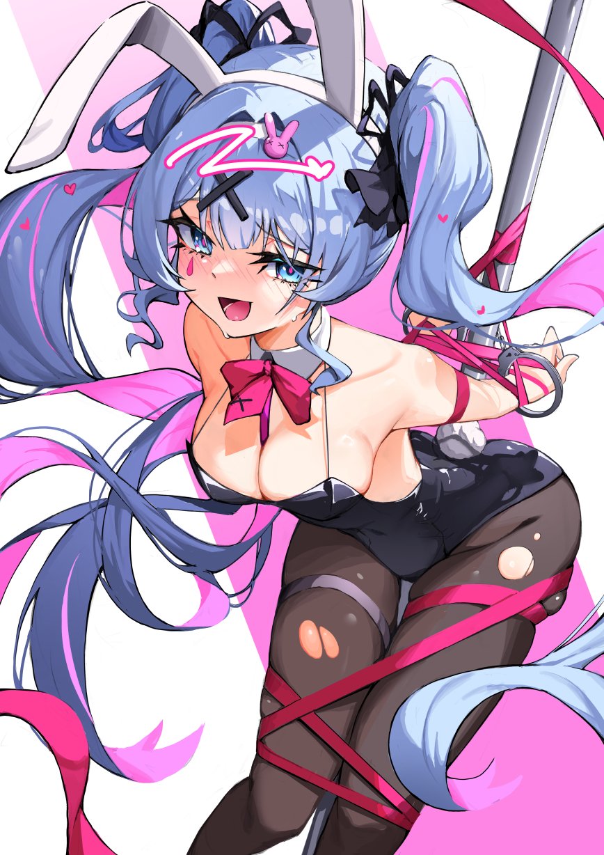 1girl :d animal_ears bare_shoulders bent_over black_leotard black_pantyhose black_ribbon blue_eyes blue_hair blush bound bound_legs bound_wrists bow bowtie breasts cleavage collarbone cuffs detached_collar dot_nose fake_animal_ears fake_tail feet_out_of_frame hair_intakes hair_ornament hair_ribbon handcuffs hatsune_miku highleg highleg_leotard highres knees_together_feet_apart large_breasts leotard long_hair looking_at_viewer mocha_kura multicolored_hair nose_blush open_mouth pantyhose pink_background pink_hair pink_pupils playboy_bunny pole rabbit_ears rabbit_hole_(vocaloid) rabbit_tail red_bow red_bowtie ribbon ribbon_bondage sidelocks simple_background skindentation smile solo streaked_hair stripper_pole sweat tail teardrop_facial_mark torn_clothes torn_pantyhose twintails two-tone_background very_long_hair white_background x_hair_ornament