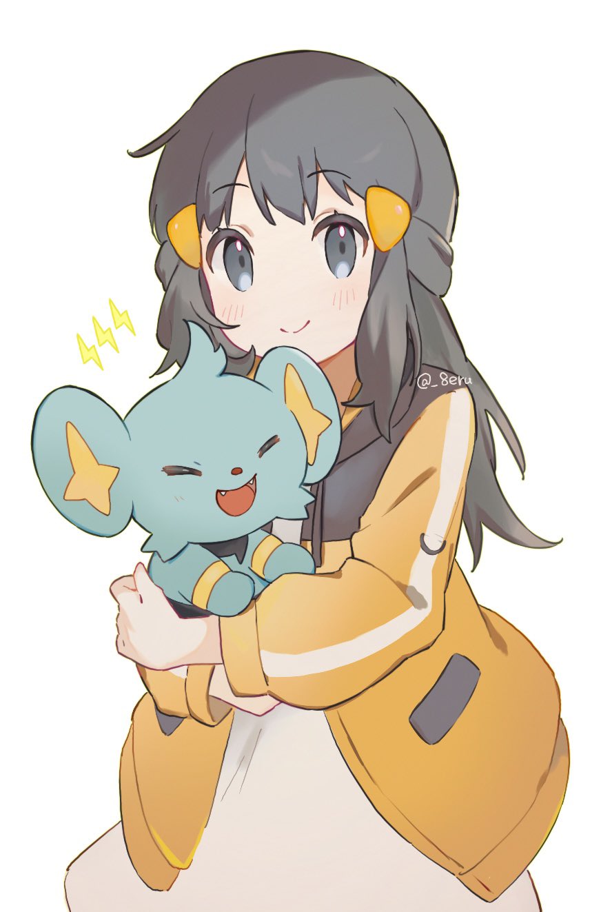 1girl black_eyes black_hair closed_mouth dawn_(pokemon) dress erua_(_8eru) hair_ornament hairclip highres holding holding_pokemon jacket long_hair long_sleeves looking_at_viewer open_clothes open_jacket pokemon pokemon_(creature) pokemon_bdsp shinx smile twitter_username white_background yellow_jacket