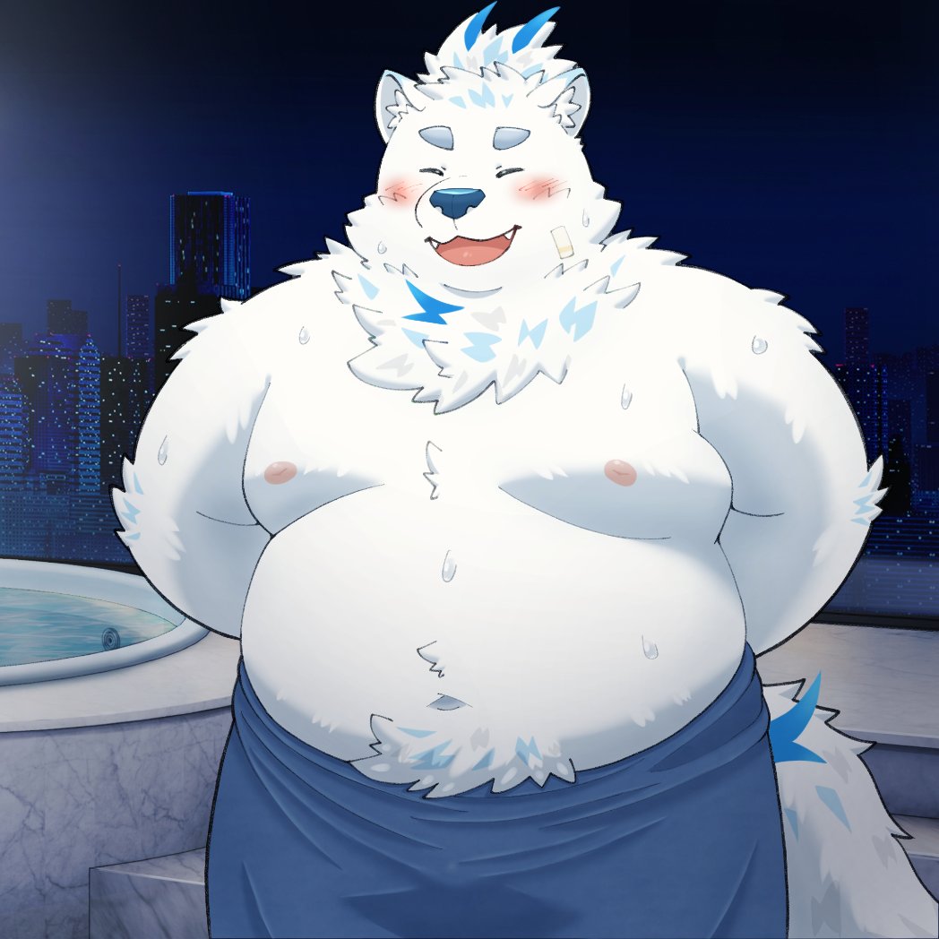 anthro belly blush bulge canid canine canis domestic_dog fur lifewonders live_a_hero male mammal moobs navel nipples nordic_sled_dog overweight poolside samoyed solo spitz towel white_body white_fur yaki_atsuage yohack
