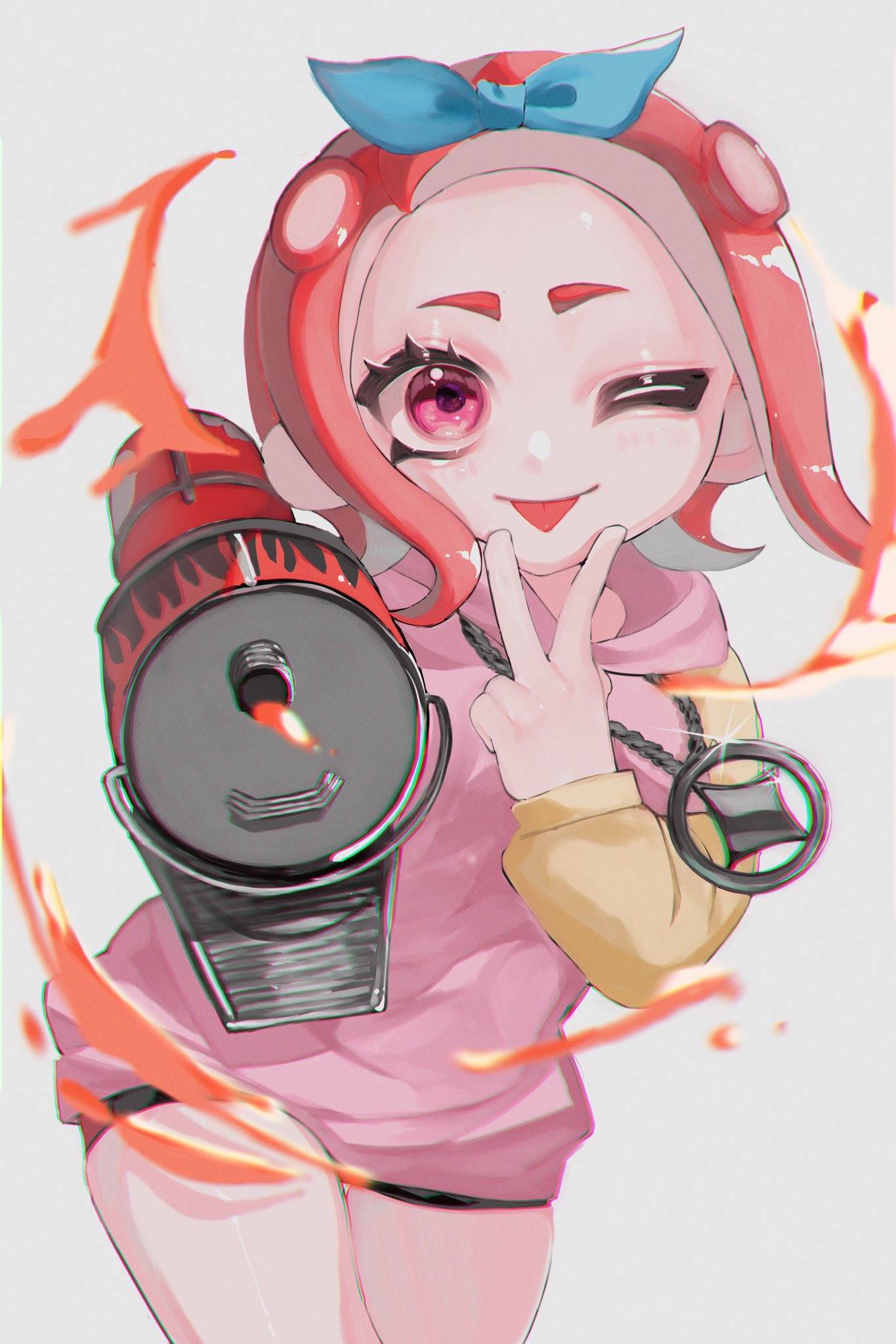 1girl :p black_shorts blaster_(splatoon) commentary_request eyelashes grey_background gun highres holding holding_gun holding_weapon hood hoodie looking_at_viewer medium_hair octoling octoling_girl octoling_player_character one_eye_closed paint pink_eyes pink_hoodie red_hair shorts simple_background solo splatoon_(series) splatoon_3 tentacle_hair tongue tongue_out vmux3442 weapon