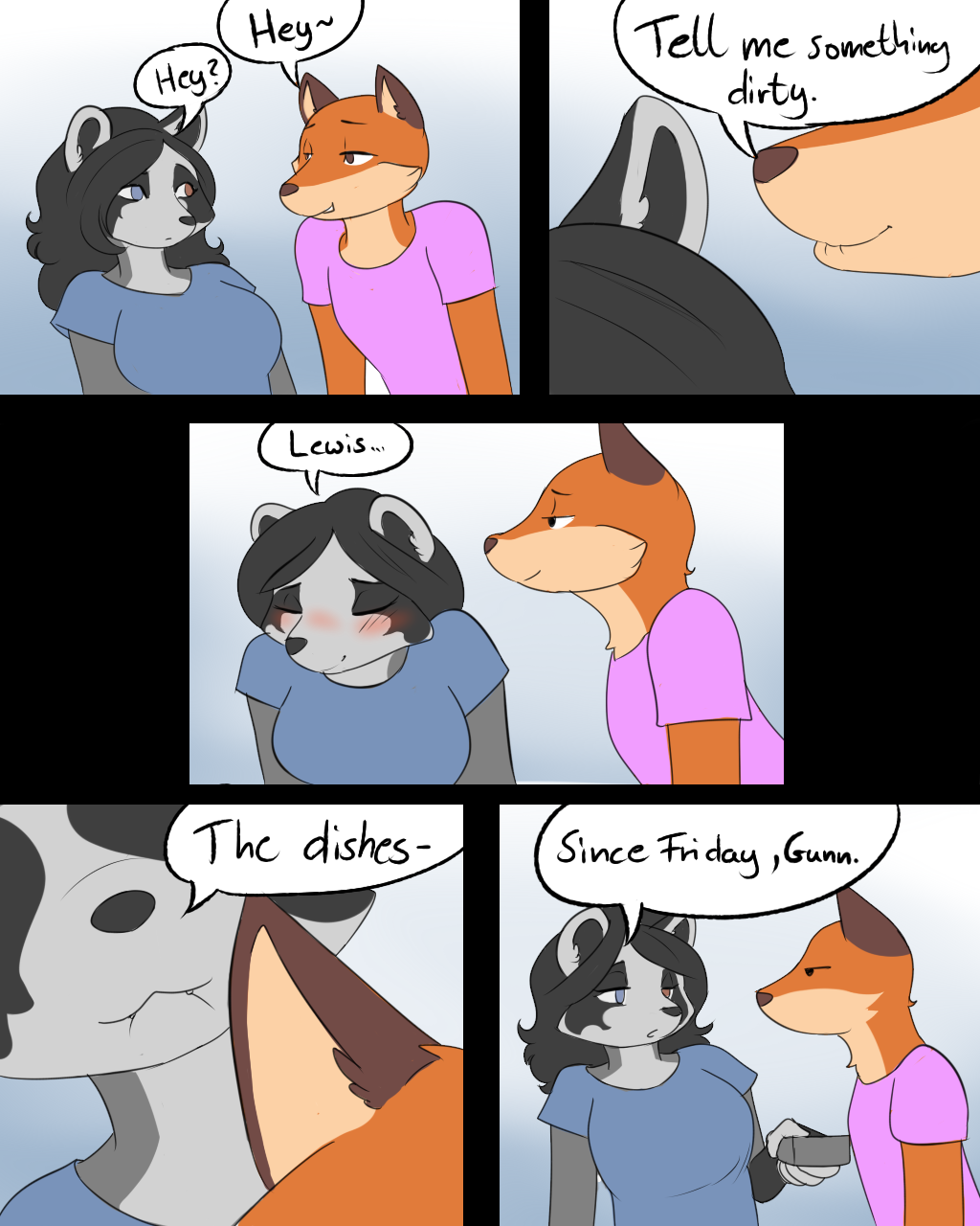 anthro bite biting_lip blush bottomwear breasts canid canine clothed clothing comic duo female fox franciene_(tango's_family) fur hair hi_res humor lewis_gunn male male/female mammal procyonid raccoon simple_background smile text