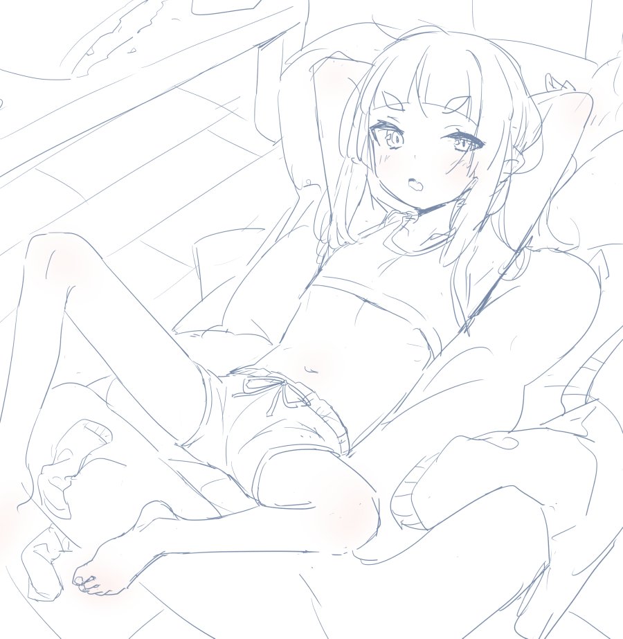 1girl akari_(raigou) arms_up bad_id bad_twitter_id barefoot boyshort_panties bra couch feet flat_chest inactive_account lineart looking_at_viewer lying monochrome navel on_back on_couch open_mouth original raigou sketch solo table training_bra underwear unworn_socks unworn_sweater