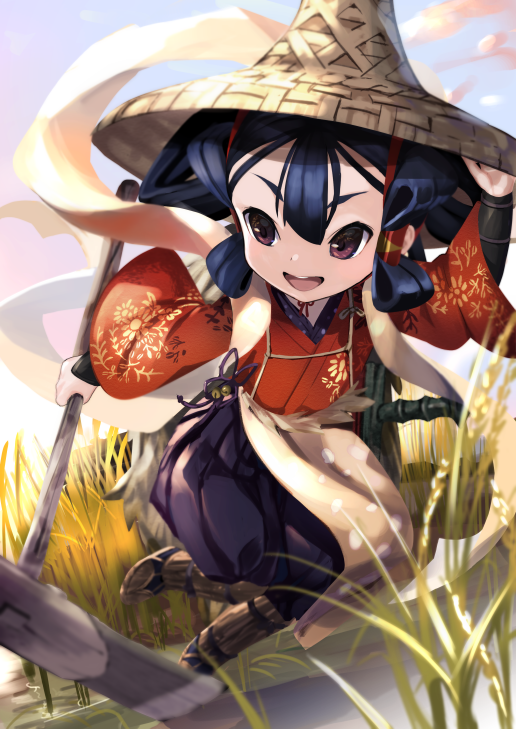1girl :d black_hair hat hoe holding open_mouth outdoors p_answer purple_eyes rice_paddy sakuna-hime smile solo tensui_no_sakuna-hime