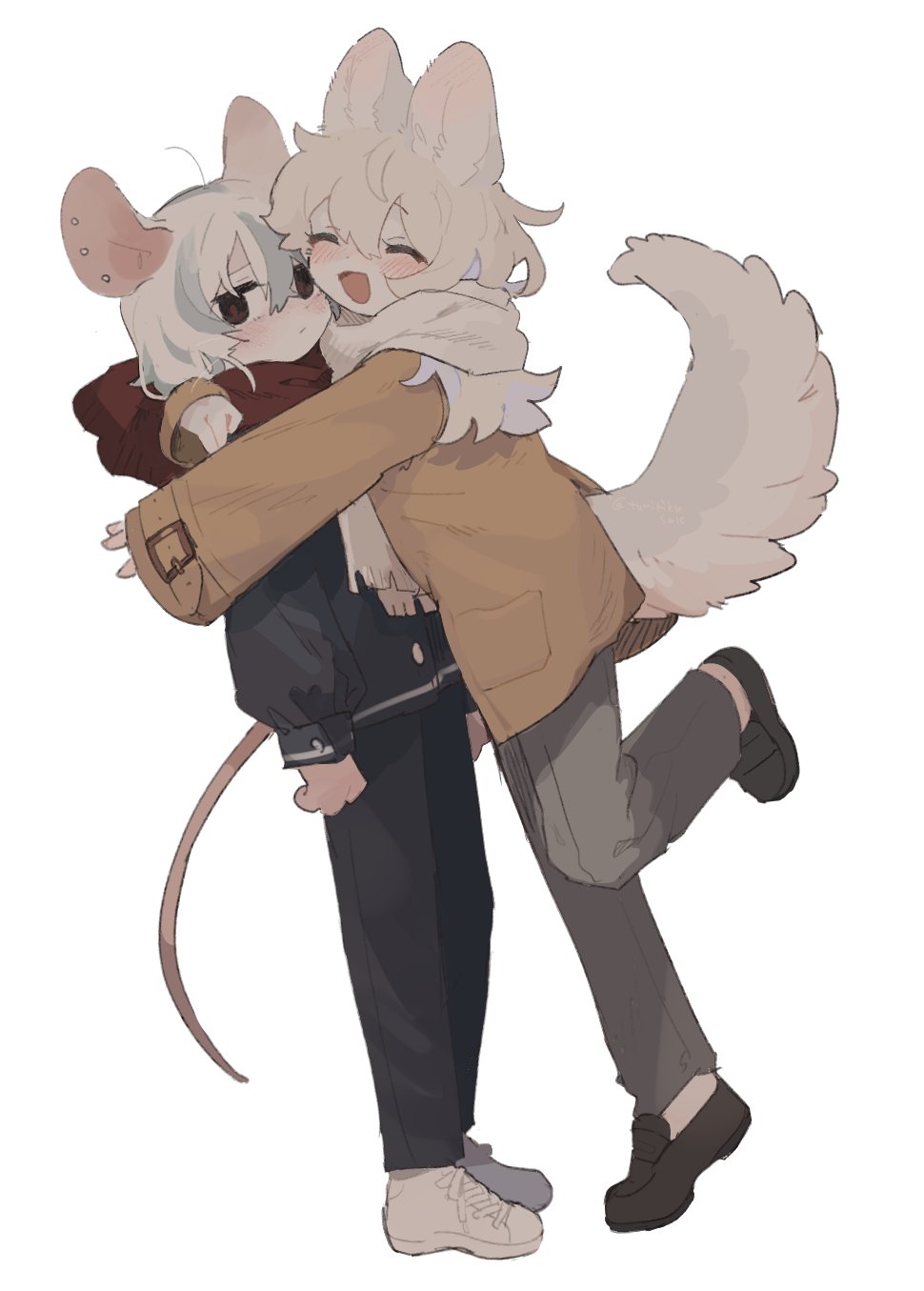 2girls ^_^ animal_ears arm_around_neck black_eyes black_footwear black_jacket black_pants blonde_hair brown_jacket closed_eyes dog_ears dog_girl dog_tail ear_piercing from_side full_body furry furry_female gomafuto grey_hair grey_pants hair_between_eyes highres hug jacket leg_up loafers long_sleeves medium_hair mouse_ears mouse_girl mouse_tail multicolored_hair multiple_girls open_mouth original pants piercing red_scarf scarf shoes short_hair simple_background smile sneakers standing streaked_hair tail tail_through_clothes two-tone_hair white_background white_footwear white_hair white_scarf