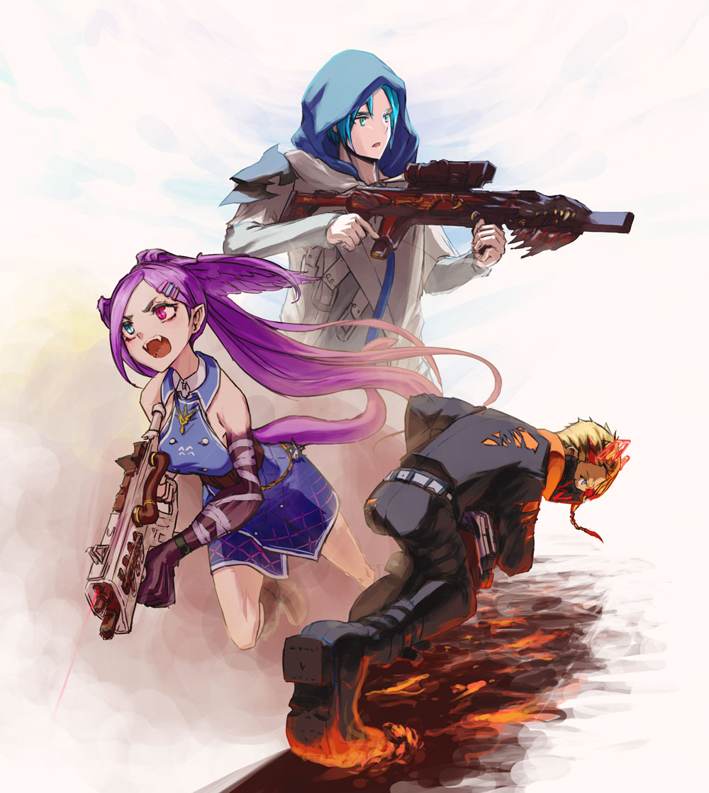 1girl 2boys aiming apex_legends axel_syrios bandaged_arm bandages blonde_hair blue_dress blue_eyes blue_hair braid breasts buttons commentary_request double-breasted dragon_girl dragon_tail dress english_commentary fangs green_eyes hair_ornament hairclip head_wings heterochromia holding holding_weapon holostars holostars_english hood hood_up jacket laorenxing large_breasts laser laser_pointer_projection long_sleeves masked mixed-language_commentary multicolored_hair multiple_boys nijisanji nijisanji_en open_mouth parted_bangs purple_eyes purple_hair red_hair regis_altare running selen_tatsuki short_dress short_hair sleeveless sleeveless_dress squatting standing streaked_hair tail virtual_youtuber weapon weapon_request wings