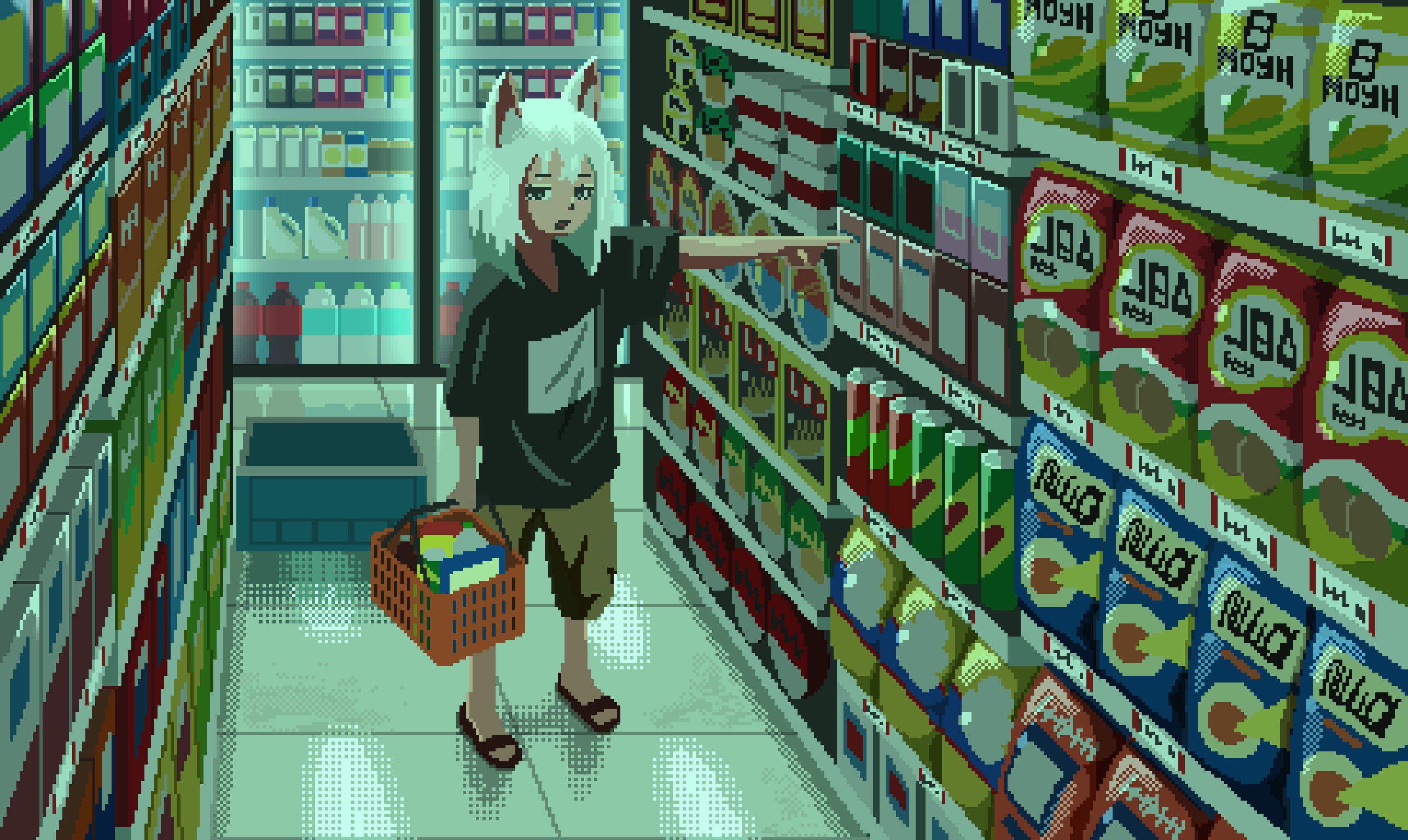 1girl :o animal_ears bag_of_chips black_shirt brown_shorts commentary convenience_store fox_ears highres indoors milk_carton original pixel_art pointing sandals scenery shelf shirt shop shopping_basket shorts soda_bottle solo standing t-shirt tonbo_(abcm25ne) white_hair