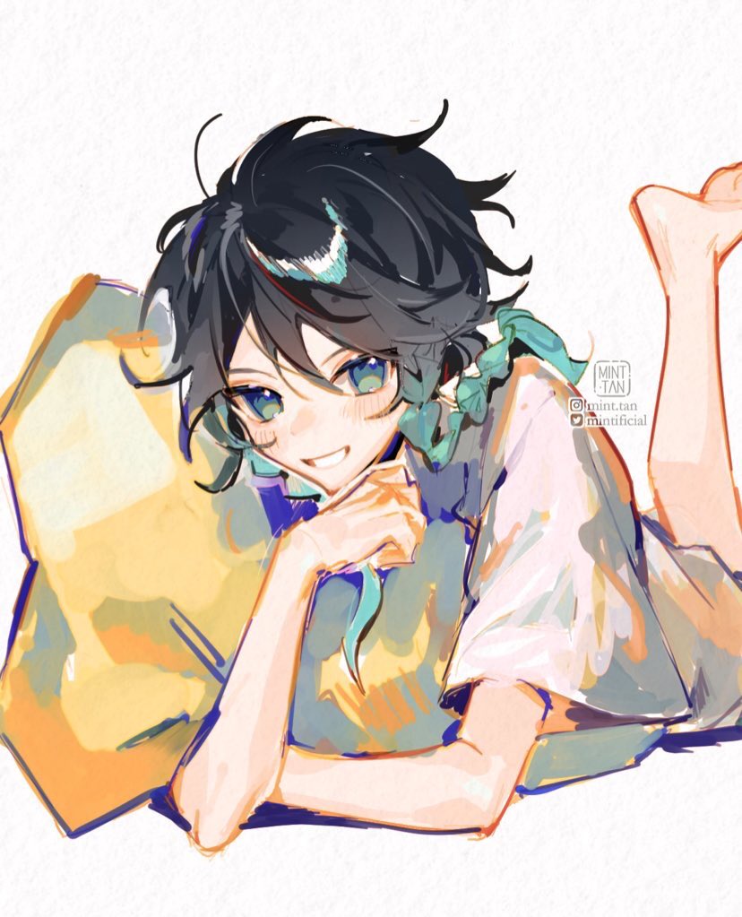 1boy aqua_eyes aqua_hair artist_logo artist_name barefoot black_hair blue_eyes genshin_impact gradient_hair grin hugging_object instagram_username legs_up looking_at_viewer lying mint-tan multicolored_eyes multicolored_hair on_stomach open_mouth pillow pillow_hug shirt short_sleeves simple_background smile solo t-shirt twitter_username venti_(genshin_impact) white_background white_shirt