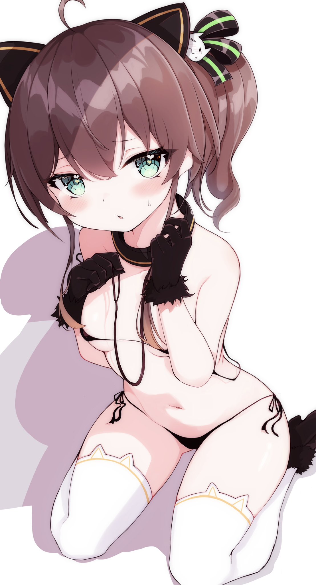 1girl animal_ears bikini blush breasts brown_hair cat_ears collar globe green_eyes highres hololive kneehighs natsuiro_matsuri navel panties ponytail ribbon side-tie_panties simple_background sitting small_breasts socks sweat swimsuit thighs underwear wariza