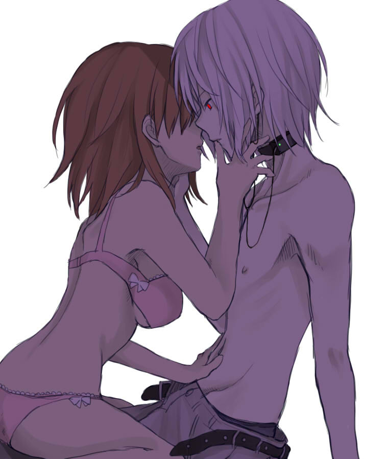 1boy 1girl accelerator_(toaru_majutsu_no_index) albino ass bare_arms bare_shoulders belt black_belt black_choker bow bow_bra bow_panties bra breasts brown_hair choker commentary_request couple dark_foreground electrodes feet_out_of_frame finger_to_another's_mouth from_side glowing glowing_eyes grey_pants hand_on_another's_stomach hand_out_of_frame hetero imminent_kiss looking_at_another medium_breasts medium_hair messy_hair misaka_worst navel negiko123123 one_eye_covered open_belt pale_skin panties pants parted_lips pink_bra pink_panties red_eyes short_hair sidelocks simple_background sitting sitting_on_lap sitting_on_person skinny toaru_majutsu_no_index toaru_majutsu_no_index:_new_testament topless_male underwear underwear_only white_background white_hair