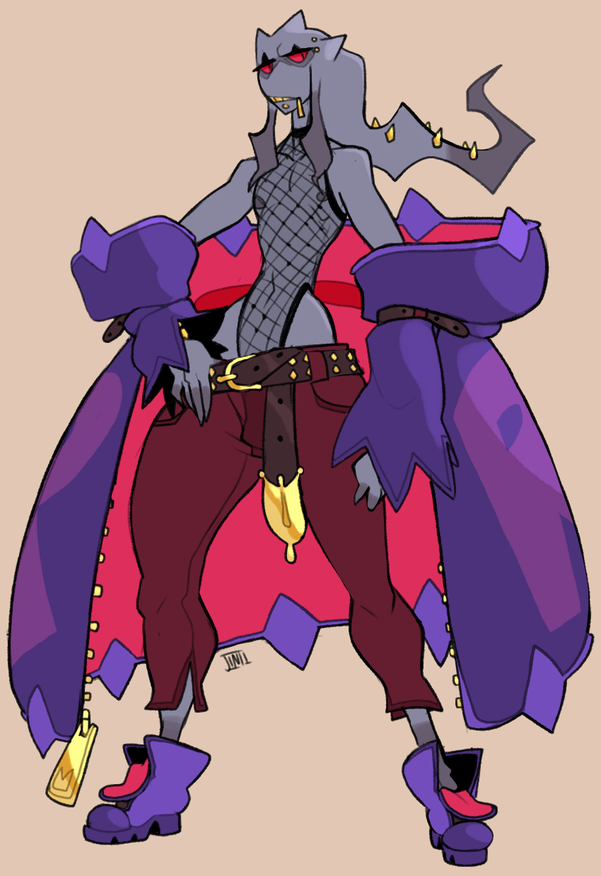 2023 banette belt boots bottomwear chin_piercing clothed clothing coat digital_media_(artwork) fishnet footwear generation_3_pokemon ghost grey_body hi_res humanoid jinti_(artist) male nintendo nipples noseless open_clothing open_coat open_topwear pants pokemon pokemon_(species) pokemorph purple_boots purple_clothing purple_coat purple_footwear purple_topwear red_bottomwear red_clothing red_pants red_sclera signature simple_background solo spirit topwear zipper