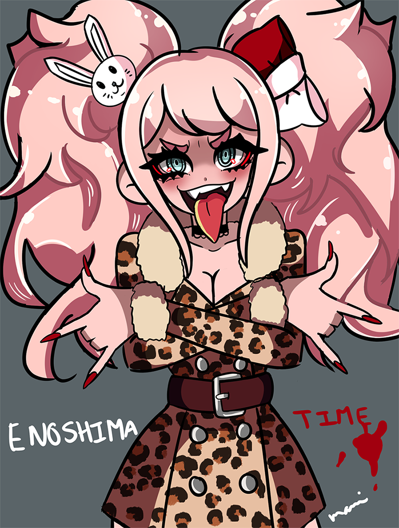 1girl \n/ animal_hair_ornament animal_print black_choker blonde_hair blood blood_splatter bow breasts choker cleavage collarbone cowboy_shot danganronpa:_trigger_happy_havoc danganronpa_(series) danganronpa_3_(anime) enoshima_junko fangs hair_bow hair_ornament leopard_print long_sleeves looking_at_viewer medium_breasts pyurupretty solo swept_bangs tongue tongue_out twintails upper_body