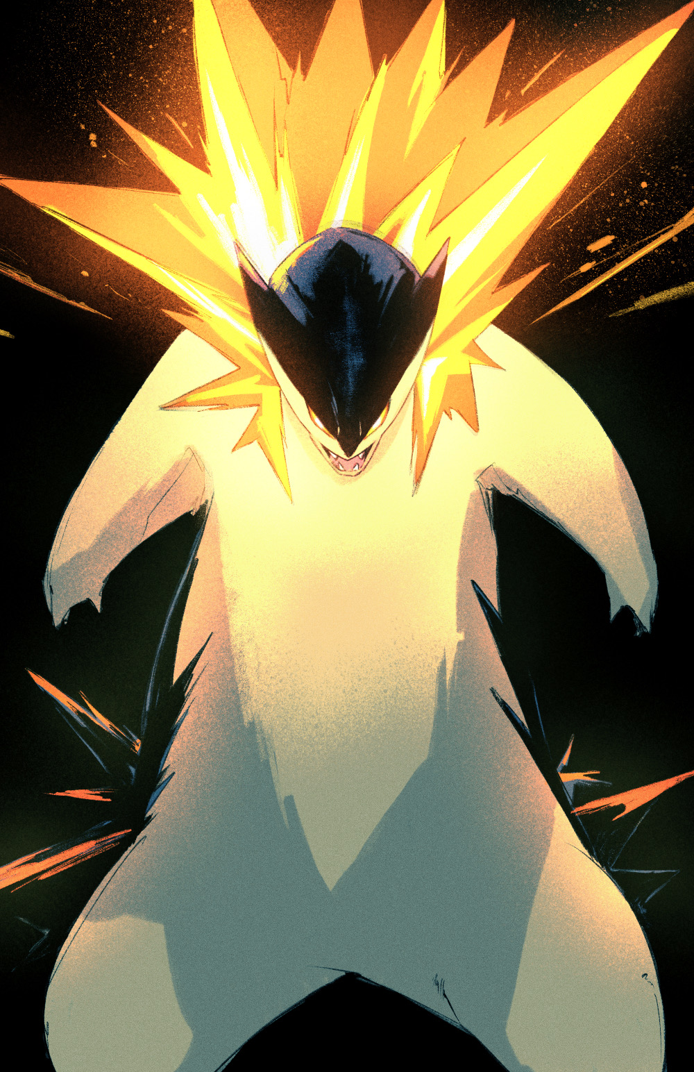 animal_ears black_background blue_fur body_fur chun_lo facing_viewer fire glowing glowing_eyes highres multicolored_fur open_mouth orange_eyes pokemon pokemon_(creature) sharp_teeth solo teeth two-tone_fur typhlosion yellow_fur