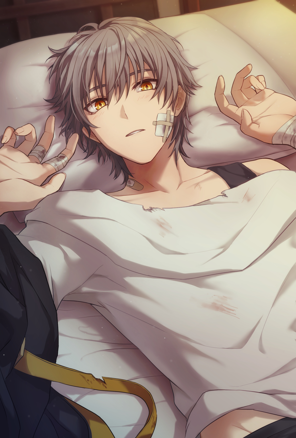 1boy bandaged_arm bandaged_fingers bandages bandaid bandaid_on_face bandaid_on_neck bed black_jacket caelus_(honkai:_star_rail) collarbone commentary fingernails grey_hair hair_between_eyes hands_up highres honkai:_star_rail honkai_(series) indoors jacket looking_at_viewer lying male_focus on_back pillow rne_at shadow shirt short_hair short_sleeves solo symbol-only_commentary t-shirt teeth torn_clothes torn_shirt trailblazer_(honkai:_star_rail) unworn_jacket white_shirt yellow_eyes