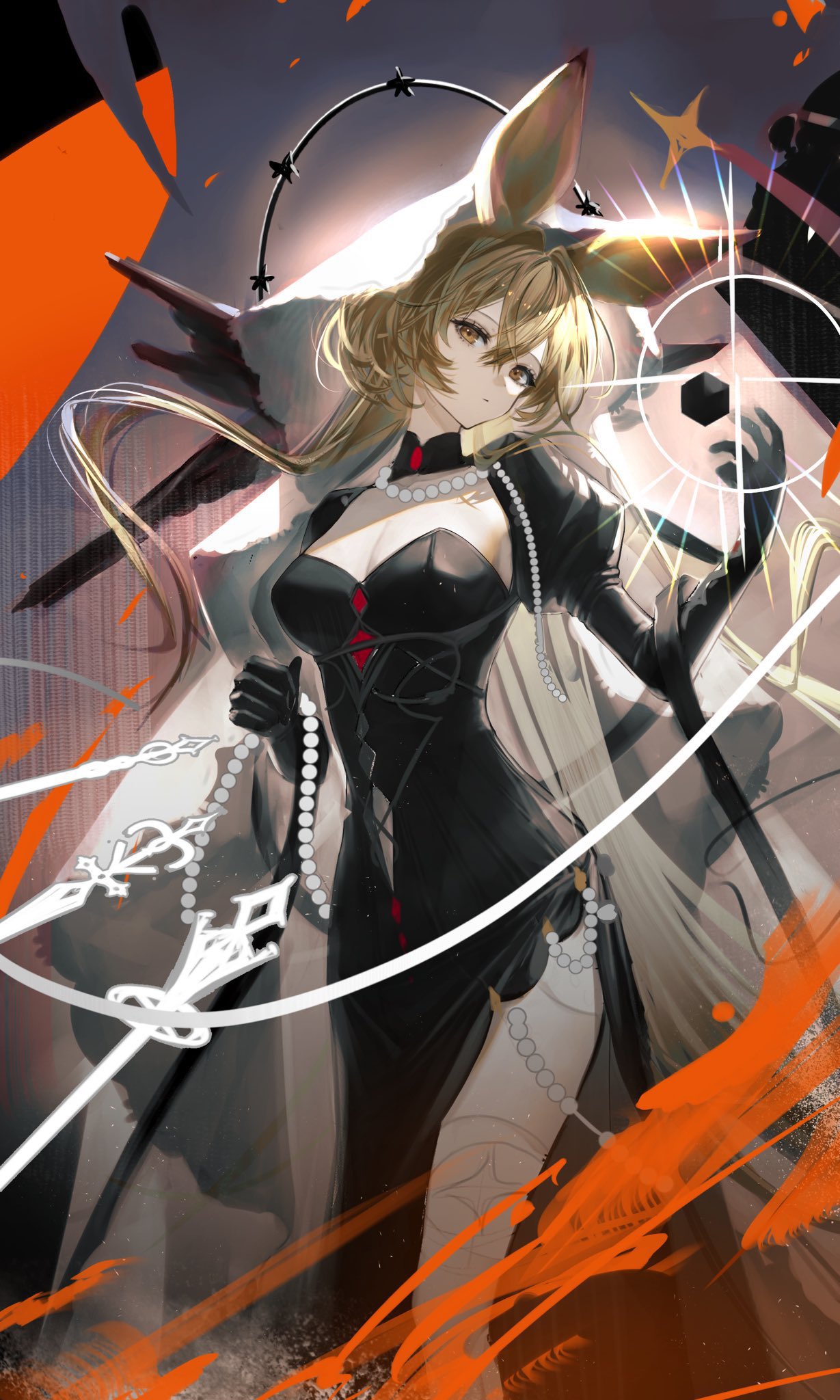 1girl animal_ears arknights black_dress black_gloves blonde_hair breasts brown_eyes cleavage dorothy_(arknights) dorothy_(hand_of_destiny)_(arknights) dress ears_through_hood floating floating_object floating_sword floating_weapon gloves hair_between_eyes hand_up highres hirose_(10011) jewelry juliet_sleeves knee_cutout long_hair long_sleeves looking_at_viewer medium_breasts mouse_ears mouse_girl mouse_tail multicolored_background necklace official_alternate_costume pearl_anklet pearl_necklace puffy_sleeves side_slit solo sword tail weapon white_veil