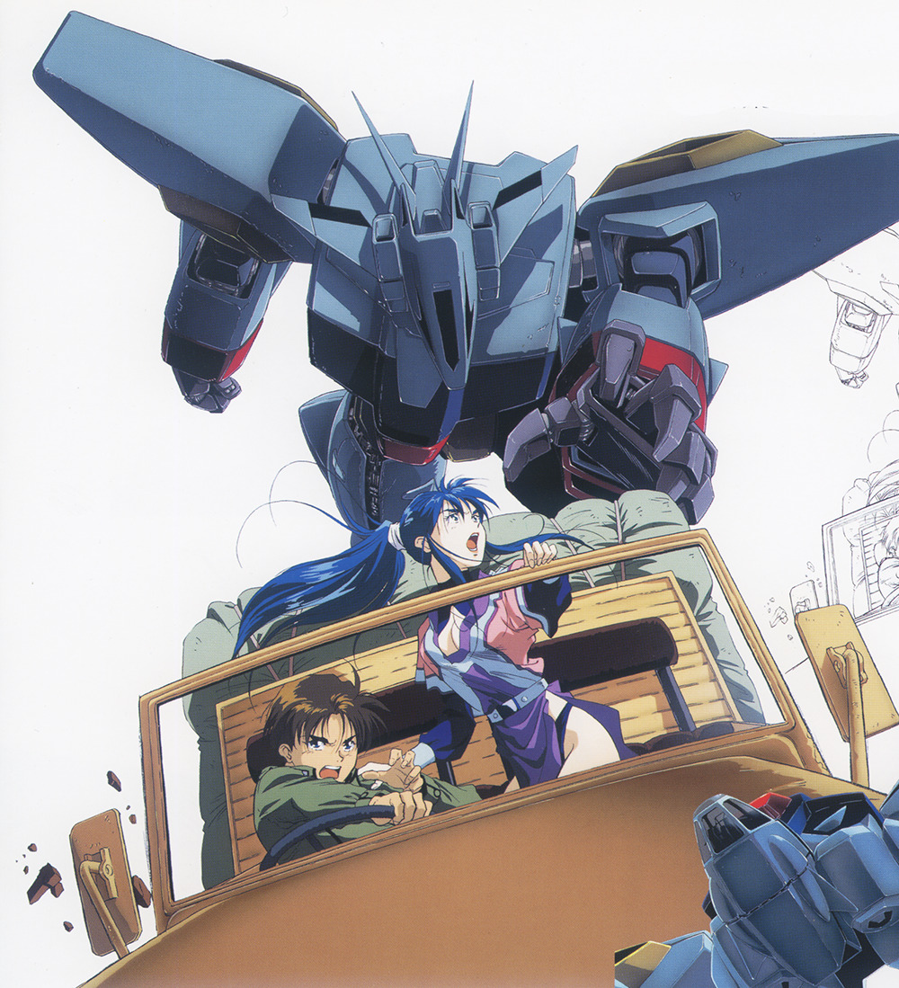 1990s_(style) 1boy 1girl artist_request blue_hair brown_hair concept_art damaged debris driving jeep key_visual machinery mecha motor_vehicle multiple_views nataruma official_art official_style orguss_02 orguss_02_(mecha) ponytail production_art promotional_art rear-view_mirror retro_artstyle riin_(orguss_02) robot scan science_fiction short_hair spacecraft spoilers starfighter steering_wheel traditional_media transformation white_background