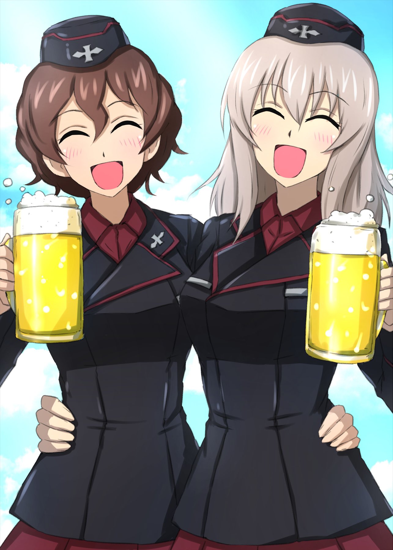 2girls :d alcohol arm_around_waist beer beer_mug black_headwear black_jacket blue_sky brown_hair closed_eyes cloud cloudy_sky commentary cup day dress_shirt facing_viewer garrison_cap girls_und_panzer grey_hair hat highres holding holding_cup insignia itsumi_erika jacket kuromorimine_military_uniform long_sleeves medium_hair military_hat military_uniform mug multiple_girls nishizumi_maho omachi_(slabco) open_mouth outdoors red_shirt red_skirt shirt short_hair side-by-side skirt sky smile uniform wing_collar