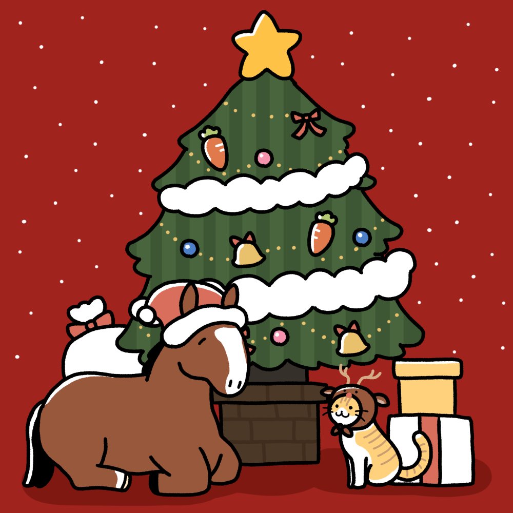 animal_focus animal_hood bell bow carrot christmas_ornaments christmas_tree commentary_request ears_through_headwear gift hat hood horse meisho_doto_(racehorse) meto_(cat) no_humans pom_pom_(clothes) real_life red_background red_headwear reindeer_hood sack santa_hat shadow star_ornament takadano_paka