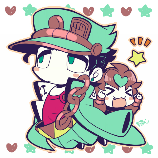 &gt;_&lt; :3 arms_up belt black_hair blue_coat blue_headwear blue_pants blush_stickers brown_hair chain chibi chibi_only closed_mouth coat dio_brando earrings fang full_body green_eyes hat heart jewelry jojo_no_kimyou_na_bouken kotorai kujo_jotaro limited_palette no_nose open_mouth outline pants pink_outline red_shirt shirt short_hair star_(symbol)