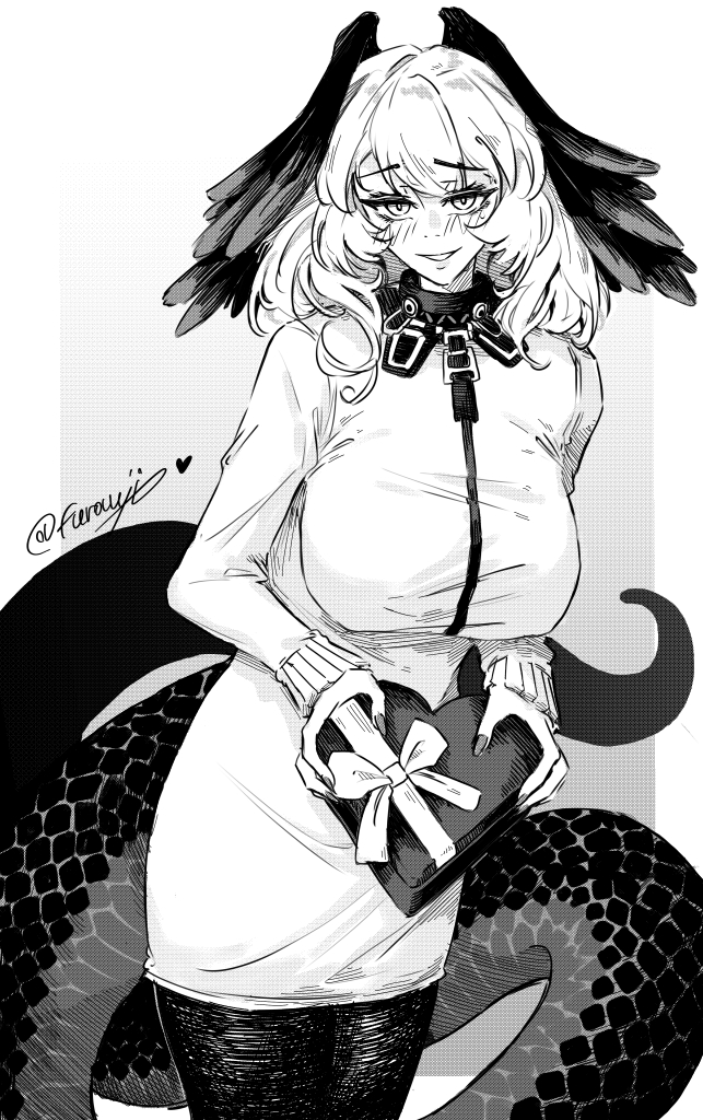 1girl arknights black_pantyhose blush breasts cowboy_shot dress feathered_wings furauji greyscale hair_between_eyes head_wings ho'olheyak_(arknights) holding infection_monitor_(arknights) large_breasts long_sleeves long_tail looking_at_viewer medium_hair monochrome pantyhose scales sidelocks snake_tail tail valentine white_dress wings