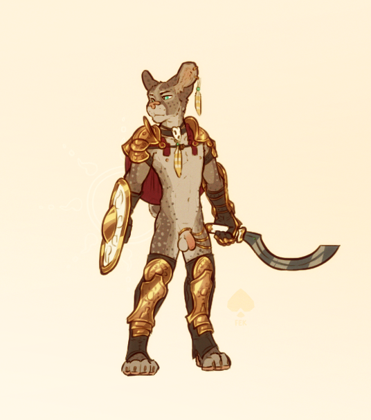 anthro armor balls bottomless bottomless_anthro bottomless_male brown_body brown_fur cape clothed clothing cougar digital_media_(artwork) dungeons_and_dragons ear_piercing fek fekkri_talot felid feline fur gauntlets genitals gloves greaves handwear hasbro holding_object holding_weapon humanoid_genitalia male mammal melee_weapon mostly_nude pauldron penis piercing shield simple_background solo standing sword tabaxi tail unconvincing_armor weapon wizards_of_the_coast