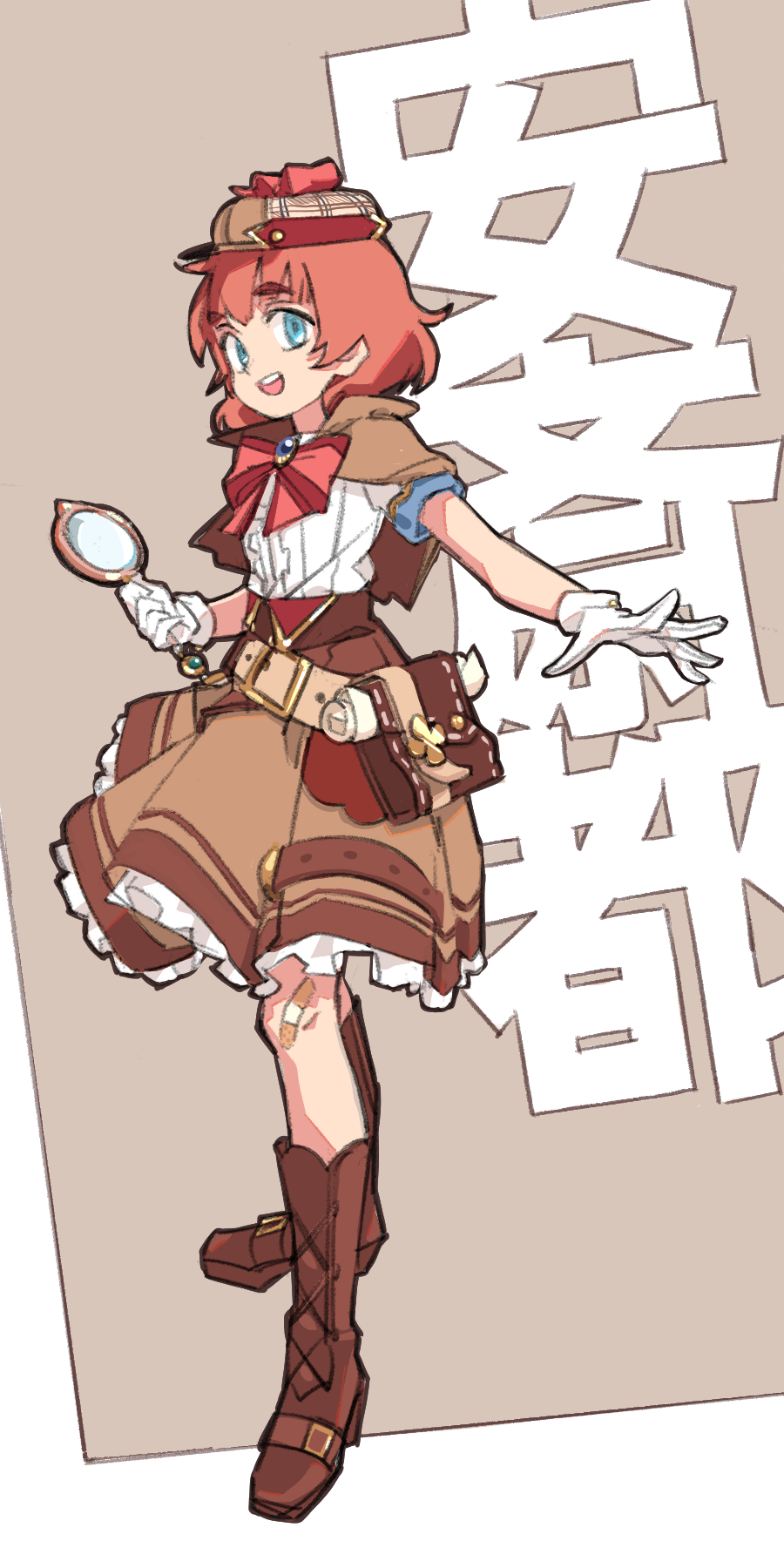 1girl anzai_miyako bandaid bandaid_on_knee bandaid_on_leg belt belt_pouch blue_eyes boots bow bowtie brown_background brown_belt brown_capelet brown_skirt capelet center_frills character_name cross-laced_footwear deerstalker frills full_body gloves hat highres holding holding_magnifying_glass idolmaster idolmaster_cinderella_girls imay3927 knee_boots looking_at_viewer magnifying_glass pouch red_bow red_bowtie red_hair scroll shirt shirt_tucked_in short_hair short_sleeves simple_background skirt smile solo standing white_gloves white_shirt