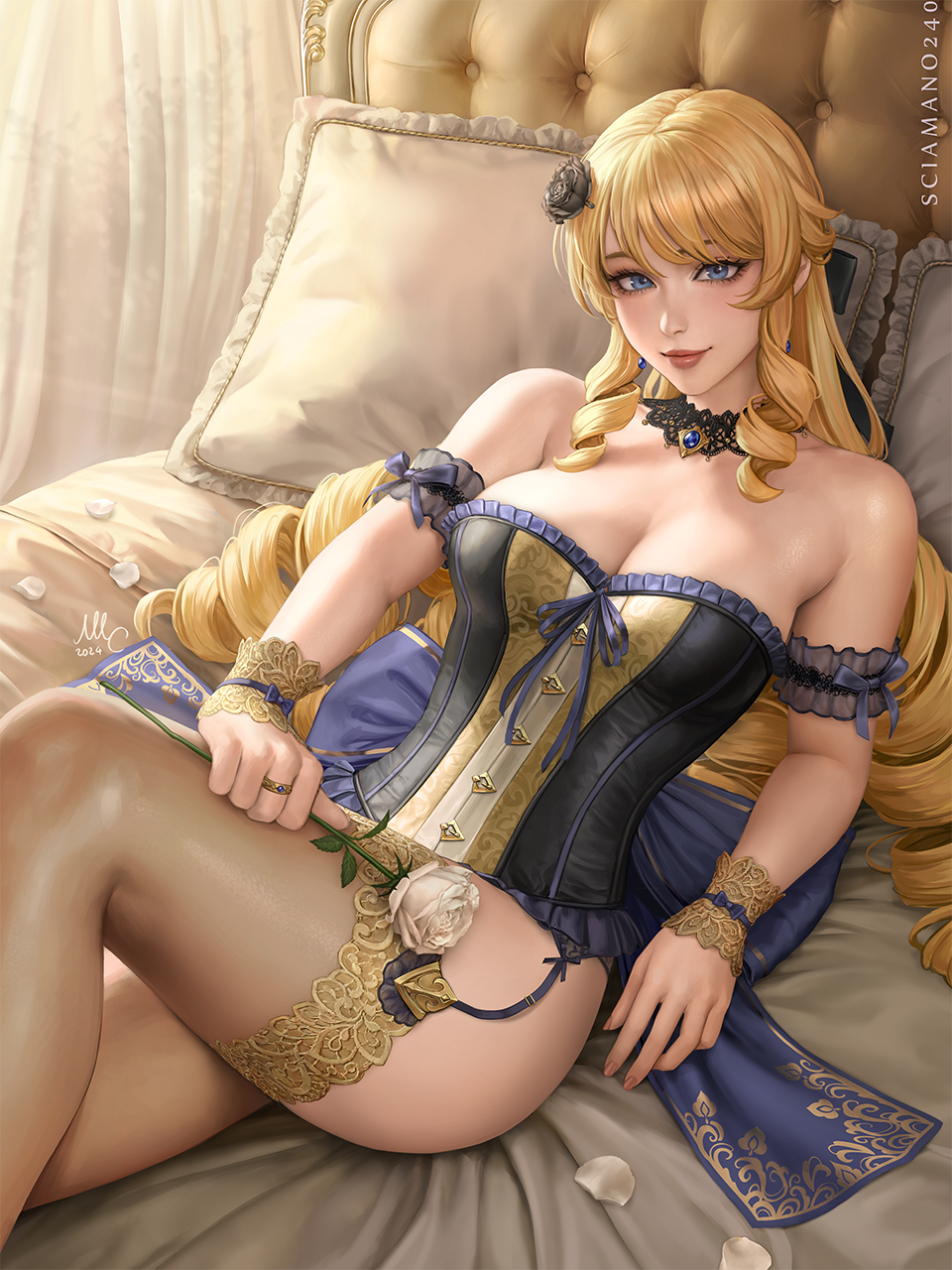 1girl artist_name bare_shoulders black_corset black_flower black_garter_straps black_rose blonde_hair blue_eyes breasts cleavage closed_mouth corset detached_collar drill_hair drill_sidelocks english_commentary flower garter_straps genshin_impact gold_thighhighs hair_flower hair_ornament highres jewelry knee_up lace-trimmed_legwear lace_trim large_breasts legs lips long_hair looking_at_viewer lying navia_(genshin_impact) on_bed petals ring rose rose_petals sciamano240 sidelocks sign smile solo white_flower white_rose wrist_cuffs