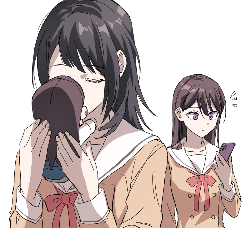2girls akni bang_dream! bang_dream!_it's_mygo!!!!! black_hair blush bow bowtie brown_dress brown_hair character_doll closed_eyes closed_mouth collarbone commentary_request dress hair_between_eyes holding holding_phone kissing_object korean_commentary long_hair long_sleeves medium_hair multiple_girls open_mouth phone purple_eyes red_bow red_bowtie sailor_collar sailor_dress shiina_taki simple_background sweatdrop upper_body white_background white_sailor_collar yahata_umiri yuri
