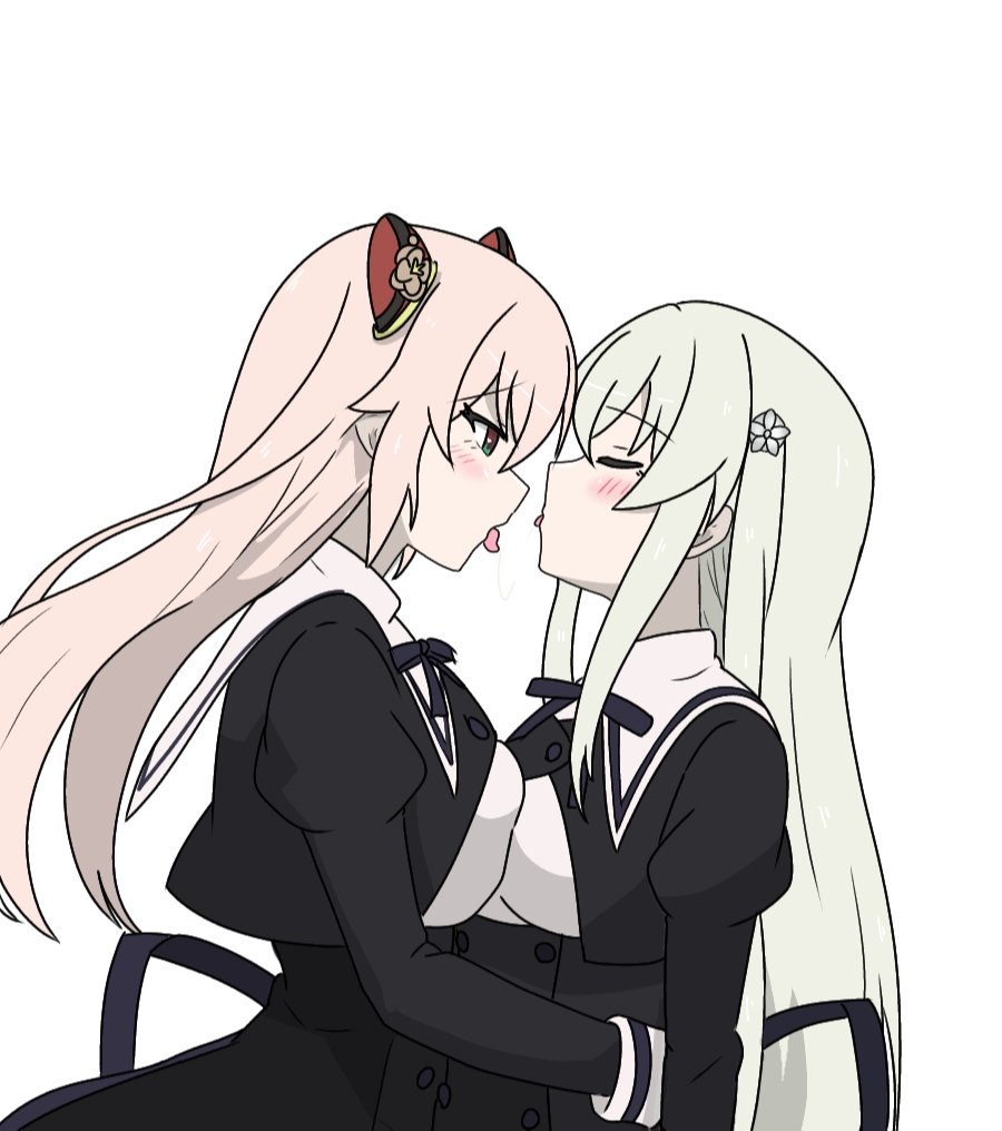 2girls after_kiss assault_lily asymmetrical_docking black_ribbon black_skirt blush breast_press breasts cropped_jacket egawa_kusumi endou_araya face-to-face facing_another floating_hair flower from_side grey_hair hair_between_eyes hair_flower hair_ornament hairpods hand_on_another's_waist high-waist_skirt juliet_sleeves kimassi large_breasts long_hair long_sleeves looking_at_another medium_breasts multiple_girls neck_ribbon parted_lips pink_hair profile puffy_sleeves raised_eyebrows red_eyes ribbon saliva saliva_trail school_uniform sidelocks skirt standing tongue tongue_out upper_body very_long_hair white_flower yuri yurigaoka_girls_academy_school_uniform
