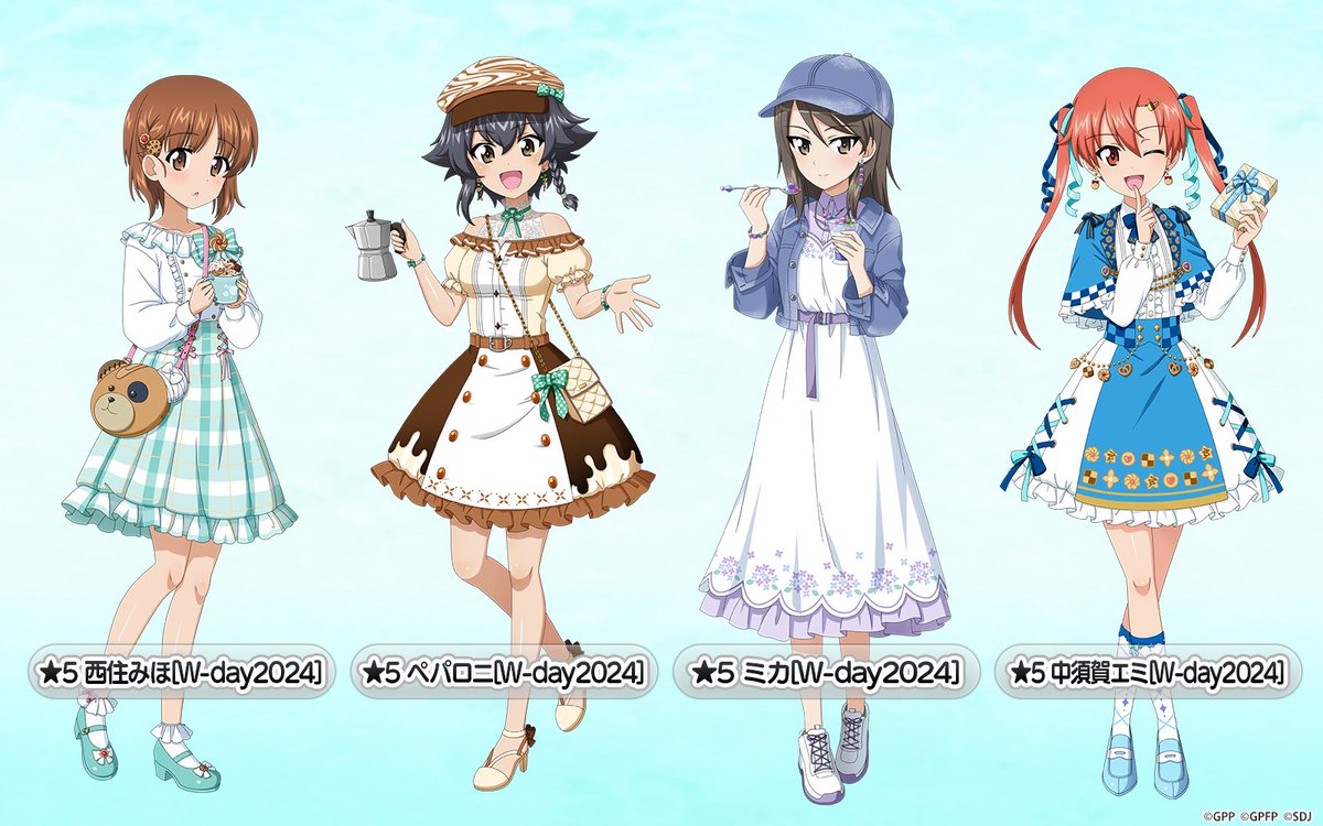 4girls aqua_background aqua_footwear aqua_skirt bag baseball_cap black_hair blue_bow blue_bowtie blue_cape blue_footwear blue_headwear blue_jacket blue_ribbon blue_skirt bobby_socks boko_(girls_und_panzer) boots bow bowtie box bracelet braid brown_dress brown_eyes brown_hair cape carrying casual character_name closed_mouth collared_dress commentary_request cross-laced_footwear crossed_knees cup denim denim_headwear denim_jacket dress dress_shirt earrings finger_to_mouth frilled_dress frilled_shirt frilled_skirt frilled_sleeves frills gift gift_box girls_und_panzer girls_und_panzer_little_army girls_und_panzer_senshadou_daisakusen! hair_ornament hair_ribbon hairclip handbag hat high-waist_skirt high_heel_boots high_heels holding holding_cup holding_gift holding_spoon holding_teapot index_finger_raised jacket jewelry kneehighs long_dress long_hair long_sleeves looking_at_viewer medium_dress medium_skirt mika_(girls_und_panzer) multiple_girls nakasuga_emi nishizumi_miho official_alternate_costume official_art one_eye_closed open_mouth pepperoni_(girls_und_panzer) plaid plaid_skirt red_eyes red_hair ribbon shirt shoes short_hair short_sleeves side_braids skirt smile sneakers socks spoon standing standing_on_one_leg star_(symbol) teapot translated twintails watermark white_day white_dress white_footwear white_shirt white_socks