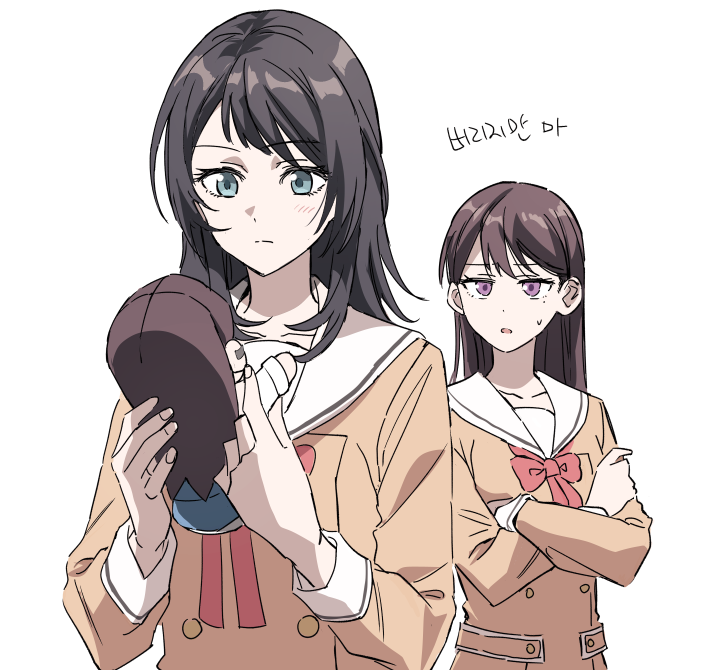 2girls akni bang_dream! bang_dream!_it's_mygo!!!!! black_hair blue_eyes blush bow bowtie brown_dress brown_hair character_doll closed_mouth collarbone commentary_request crossed_arms dress korean_commentary korean_text long_hair long_sleeves looking_at_another medium_hair multiple_girls open_mouth purple_eyes red_bow red_bowtie sailor_collar sailor_dress shiina_taki simple_background sweatdrop translation_request upper_body white_background white_sailor_collar yahata_umiri