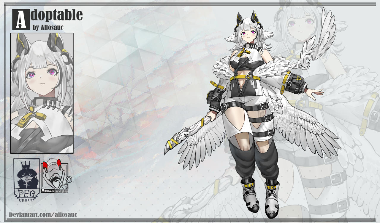 1girl :3 adoptable allosauc angel_wings animal_ears artist_name belt belt_buckle black_belt black_horns black_pants black_shirt black_sleeves boots breasts buckle closed_mouth clothing_cutout collar detached_sleeves deviantart_username english_text eyelashes feathered_wings fingernails full_body fur-trimmed_sleeves fur_trim gradient_background grey_background holding holding_weapon horns knees large_breasts leg_belt leg_cutout light_blush long_sleeves looking_at_viewer medium_hair midriff multiple_belts multiple_views multiple_wings original pants polka_dot polka_dot_background projected_inset purple_eyes reference_sheet sheep_ears sheep_horns shirt shoe_belt simple_background sleeveless sleeveless_shirt smile thigh_belt thigh_strap triangle_background turtleneck_shirt two-tone_pants two-tone_shirt two-tone_sleeves upper_body watermark weapon weapon_behind_back white_collar white_footwear white_hair white_pants white_shirt white_sleeves white_wings wings yellow_belt zipper zipper_pull_tab