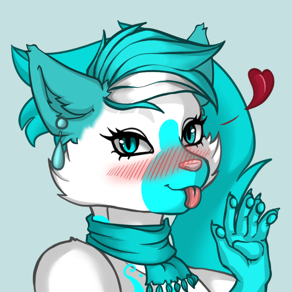1:1 anonymous_artist anthro blue_eyes blue_hair blush ear_piercing female gesture hair looking_at_viewer markings piercing scarf tongue tongue_out waving waving_at_viewer white_body