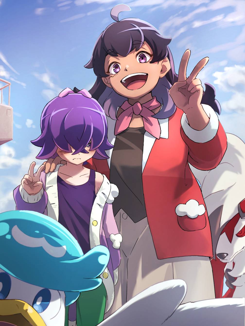 2girls :d blanca_(pokemon) blush buttons cardigan closed_mouth cloud commentary_request day dot_(pokemon) green_pants hand_up highres itsudzumi jacket long_hair lycanroc lycanroc_(midnight) mother_and_daughter multiple_girls open_mouth outdoors pants pokemon pokemon_(anime) pokemon_(creature) pokemon_horizons purple_hair quaxly red_jacket shirt sky smile tank_top teeth tongue upper_teeth_only v
