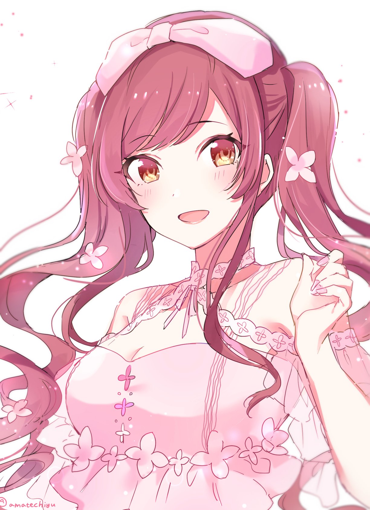1girl bare_shoulders blurry blush bow breasts brown_hair cleavage collarbone depth_of_field dot_nose flower hair_bow hair_flower hair_ornament hair_ribbon hand_up highres idolmaster idolmaster_shiny_colors long_hair looking_at_viewer medium_breasts nail_polish off-shoulder_shirt off_shoulder open_mouth osaki_amana pink_flower pink_nails pink_ribbon pink_shirt pipi_o_(pipioo08) ribbon see-through see-through_sleeves shirt short_sleeves simple_background smile solo swept_bangs twitter_username upper_body white_background yellow_eyes