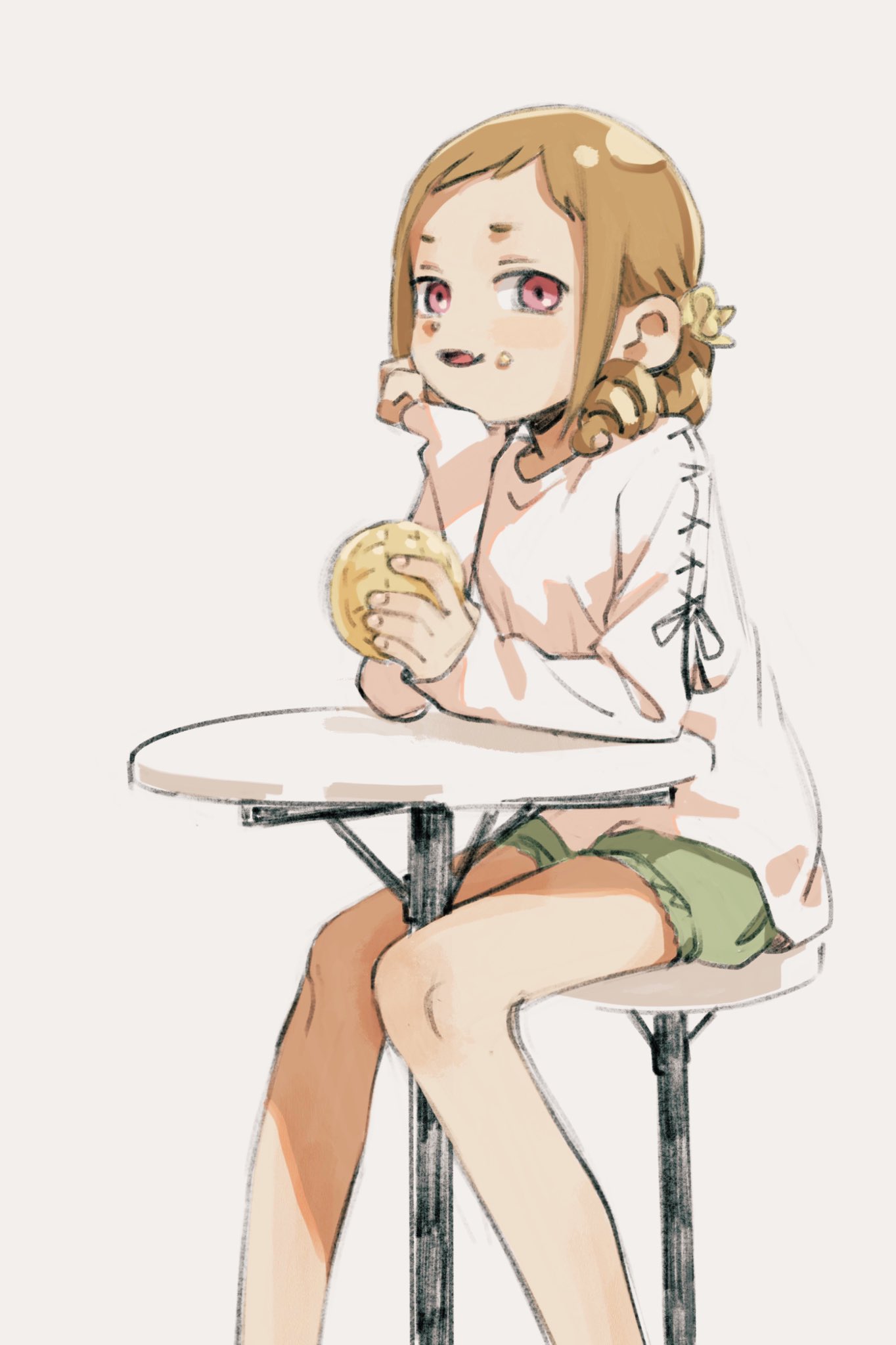1girl bar_stool blush bread brown_hair cross-laced_clothes cross-laced_sleeves fang feet_out_of_frame food food_on_face green_shorts hand_on_own_chin highres holding holding_food idolmaster idolmaster_cinderella_girls imay3927 knees_together_feet_apart long_sleeves looking_at_viewer low_ponytail medium_hair melon_bread ohara_michiru on_stool open_mouth pink_eyes ringlets shirt short_bangs short_eyebrows short_shorts shorts simple_background skin_fang smile solo stool table white_background white_shirt