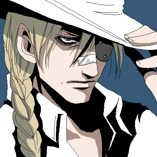 1boy adjusting_clothes adjusting_headwear bandaid bandaid_on_face bandaid_on_nose blonde_hair blue_eyes braid eyepatch hair_over_shoulder hat hellsing lowres male_focus oekaki pip_bernardotte portrait serious single_braid solo toshimichi_yukari white_headwear