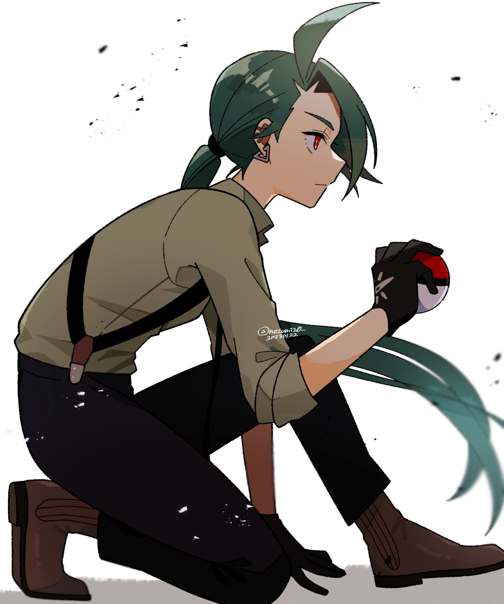 1girl ahoge arm_support artist_name black_gloves black_necktie black_pants brown_footwear brown_shirt collared_shirt ear_piercing earrings expressionless from_side full_body genjitsu_o_miro gloves green_hair hand_up highres holding holding_poke_ball jewelry long_hair looking_ahead low_ponytail necktie on_one_knee pants piercing poke_ball pokemon pokemon_sv ponytail profile red_eyes rika_(pokemon) shirt shoes signature simple_background solo suspenders swept_bangs twitter_username white_background