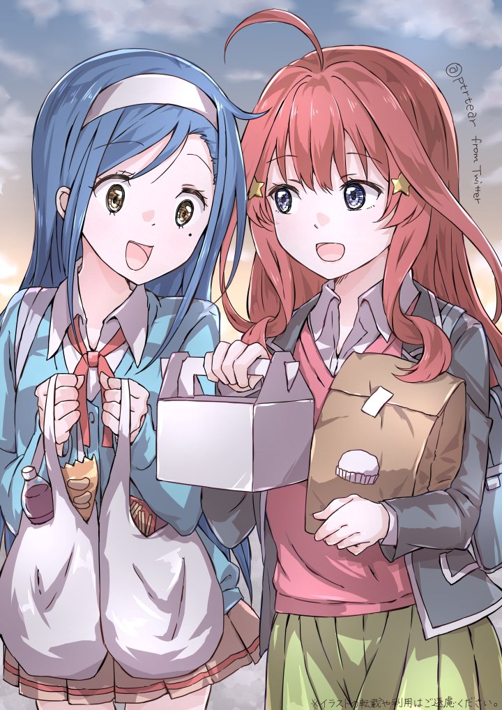 2girls ahoge artist_name bag blazer blue_cardigan blue_eyes blue_hair bokutachi_wa_benkyou_ga_dekinai bottle box breasts brown_skirt cardigan collared_shirt commentary_request crossover furuhashi_fumino go-toubun_no_hanayome green_skirt hair_between_eyes hair_ornament holding holding_bag holding_box jacket long_hair long_sleeves looking_at_another mole mole_under_eye multiple_girls nakano_itsuki neck_ribbon open_cardigan open_clothes open_jacket paper_bag pastry_box plastic_bag ptrtear red_hair red_ribbon red_sweater_vest ribbon school_bag shirt skirt star_(symbol) star_hair_ornament sweater_vest twitter_username water_bottle watermark white_shirt