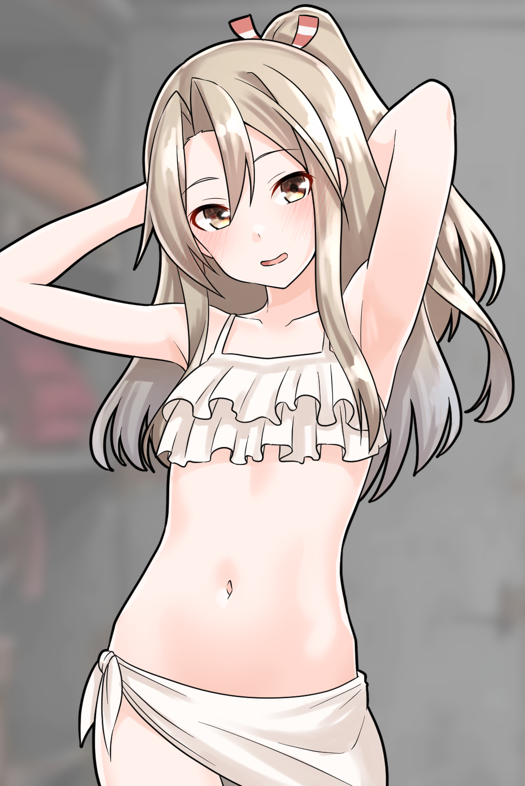 1girl armpits arms_behind_head arms_up bikini blurry blurry_background breasts brown_eyes brown_hair cowboy_shot furaggu_(frag_0416) high_ponytail highres kantai_collection light_brown_hair long_hair looking_at_viewer navel ponytail sarong small_breasts solo standing swimsuit white_bikini white_sarong zuihou_(kancolle)